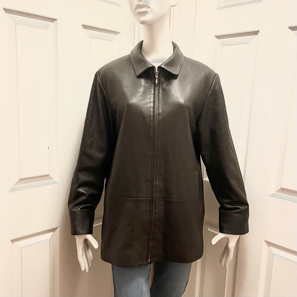 Genuine Leather Zip Front Jacket Dark Brown Size 12